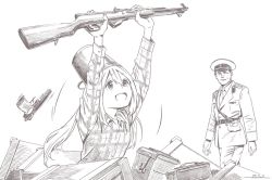 Rule 34 | 1boy, 1girl, :d, brown theme, bucket, bucket on head, character request, collared shirt, dated, gun, hands up, hat, holding, holding gun, holding weapon, horikou, long sleeves, male focus, military, military hat, military uniform, monochrome, object on head, open mouth, real life, rifle, shirt, signature, simple background, sks, smile, soldier, soviet army, uniform, weapon, white background, wing collar, yurucamp