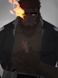 Rule 34 | 1boy, abs, bara, beard, eyebrow cut, facial hair, fire, glowing, glowing eyes, hephaestus (housamo), highres, jacket, large pectorals, looking at viewer, male focus, manly, muscular, open clothes, open jacket, orange eyes, pectorals, red hair, revealing clothes, scar, scar on face, simple background, solo, souitiroukirari, teeth, thick eyebrows, tight clothes, tokyo houkago summoners, upper body