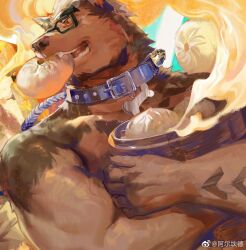 Rule 34 | 1boy, animal ears, bara, beard, beenic, belt collar, bone necklace, collar, commission, daylightallure, dog boy, dog ears, facial hair, food in mouth, food request, furry, furry male, glasses, gyee, holding, large pectorals, leash, looking back, male focus, mature male, muscular, muscular male, original, pectorals, second-party source, short hair, solo focus, thick eyebrows, upper body, veins, veiny arms
