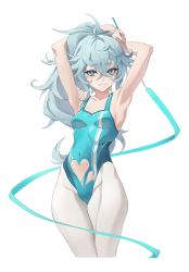 Rule 34 | 1girl, armpits, arms behind head, arms up, athletic leotard, blue hair, clothing cutout, cowboy shot, eye symbol, girls&#039; frontline, gymnastics ribbon, heart, heart-shaped pupils, heart cutout, highleg, highleg leotard, highres, leotard, light blue hair, medium hair, official alternate costume, pa-15 (dance in the ice sea) (girls&#039; frontline), pa-15 (girls&#039; frontline), pantyhose, ponytail, symbol-shaped pupils, thick eyebrows, white background, white pantyhose, zzzearly