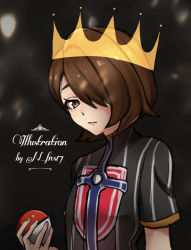 Rule 34 | 1girl, bob cut, brown eyes, brown hair, champion uniform, closed mouth, commentary request, creatures (company), crown, echizen (n fns17), eyelashes, game freak, gloria (pokemon), hair over one eye, highres, holding, holding poke ball, looking at viewer, nintendo, poke ball, pokemon, pokemon swsh, shirt, short hair, short sleeves, sketch, solo, upper body