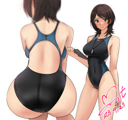 Rule 34 | 1girl, amagami, ass, back cutout, backboob, bare arms, bare shoulders, black one-piece swimsuit, blue one-piece swimsuit, breasts, brown eyes, brown hair, closed mouth, clothing cutout, commission, competition swimsuit, dated, from behind, highleg, highleg swimsuit, highres, holding, holding notebook, large breasts, leaning forward, looking at viewer, medium hair, multiple views, navel, notebook, one-piece swimsuit, pixiv commission, signature, simple background, standing, swimsuit, takahashi maya, two-tone swimsuit, whistle, whistle around neck, white background, yoo tenchi