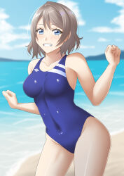 Rule 34 | 1girl, beach, blue eyes, blue one-piece swimsuit, blush, breasts, brown hair, cloud, cloudy sky, collarbone, competition swimsuit, day, grey hair, highres, looking at viewer, love live!, love live! sunshine!!, medium breasts, ocean, one-piece swimsuit, outdoors, sand, sano souichi, short hair, sky, smile, solo, swimsuit, watanabe you, water