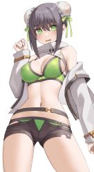 Rule 34 | 1girl, absurdres, bare shoulders, belt, bikini, black hair, black shorts, breasts, bun cover, cleavage, collarbone, double bun, fate/grand order, fate (series), green bikini, green eyes, green ribbon, hair bun, hair ribbon, highres, jacket, kopaka (karda nui), large breasts, long sleeves, looking at viewer, navel, open clothes, open jacket, open mouth, qin liangyu (chainsaw of the dead) (fate), qin liangyu (fate), ribbon, short shorts, shorts, sidelocks, solo, swimsuit, thighs, white jacket