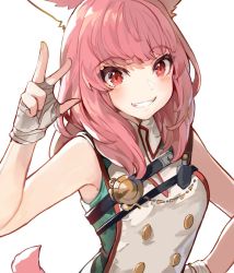 Rule 34 | 1girl, akizone, animal ears, warrior of light (ff14), bandages, bare arms, bare shoulders, blush, breasts, cat ears, final fantasy, final fantasy xiv, grin, long hair, looking at viewer, medium breasts, pink hair, red eyes, simple background, smile, solo, tail, tail request, w, white background