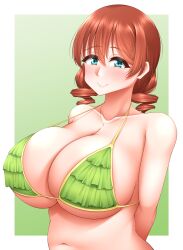 Rule 34 | 1girl, absurdres, alternate hairstyle, aqua eyes, arms behind back, bare shoulders, bikini, breasts, brown hair, cleavage, closed mouth, drill hair, emma verde, freckles, green bikini, highres, huge breasts, jewelry, looking at viewer, love live!, love live! nijigasaki high school idol club, medium hair, navel, necklace, smile, solo, swimsuit, tei shia, twin drills, upper body