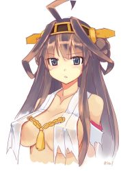 Rule 34 | 10s, 1girl, ahoge, bare shoulders, black eyes, blush, breasts, brown hair, cleavage, double bun, covered erect nipples, headgear, kantai collection, kongou (kancolle), long hair, looking at viewer, no bra, parted lips, seo tatsuya, simple background, solo, torn clothes, twitter username, upper body, white background