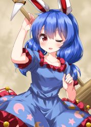 Rule 34 | 1girl, animal ears, blue dress, blue hair, crescent, crescent print, dress, earclip, highres, kine, mallet, one-hour drawing challenge, rabbit ears, red eyes, ruu (tksymkw), seiran (touhou), short sleeves, solo, star (symbol), star print, touhou