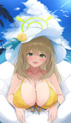 Rule 34 | 1girl, absurdres, bare arms, bare shoulders, bikini, bird, blue archive, blue ribbon, blue sky, blush, bracelet, breasts, cleavage, cloud, collarbone, commentary, cumulonimbus cloud, day, flower, front-tie bikini top, front-tie top, green eyes, green halo, hair between eyes, halo, halterneck, hands up, hat, hat flower, hat ribbon, highres, hiiragi7s, horizon, innertube, jewelry, large breasts, light brown hair, long hair, looking at viewer, nonomi (blue archive), nonomi (swimsuit) (blue archive), ocean, official alternate costume, open mouth, outdoors, palm tree, ribbon, seagull, sky, smile, solo, sparkle, sun hat, swim ring, swimsuit, tree, upper body, wet, wet hair, white hat, yellow bikini, yellow flower