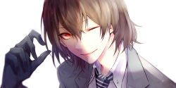 Rule 34 | 1boy, akechi gorou, bad id, bad pixiv id, black gloves, brown eyes, brown hair, gloves, grey jacket, hair between eyes, highres, jacket, male focus, necktie, one eye closed, open mouth, persona, persona 5, portrait, simple background, solo, striped clothes, striped necktie, striped neckwear, vertical-striped clothes, vertical-striped necktie, white background, yuu (isis7796)