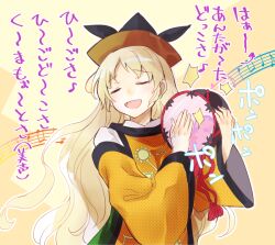 Rule 34 | 1girl, blonde hair, closed eyes, commentary request, drum, green skirt, hat, holding, instrument, long hair, long sleeves, makuwauri, matara okina, musical note, open mouth, orange sleeves, simple background, skirt, smile, solo, tabard, touhou, translation request, upper body