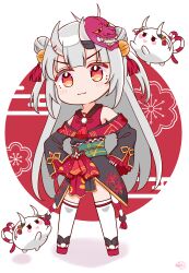 Rule 34 | 1girl, :3, absurdres, bell, black kimono, blush, blush stickers, center-flap bangs, chibi, closed mouth, commentary, double bun, english commentary, frilled sleeves, frills, full body, gold trim, grey hair, hair bell, hair bun, hair ornament, hands on own hips, highres, hololive, horns, japanese clothes, jingle bell, kimono, long hair, long sleeves, looking at viewer, lycheetako, mask, mask on head, multicolored hair, nakiri ayame, nakiri ayame (1st costume), obi, off shoulder, okobo, oni mask, poyoyo (nakiri ayame), red eyes, red footwear, red kimono, sandals, sash, short kimono, side up bun, skin-covered horns, sleeveless, sleeveless kimono, smile, solo focus, standing, streaked hair, tabi, tassel, tassel hair ornament, thighhighs, two side up, very long hair, virtual youtuber, white thighhighs, wide sleeves