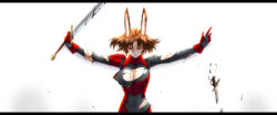 Rule 34 | 1girl, animal ears, blood, bodysuit, breasts, broken, broken sword, broken weapon, brown hair, cleavage, gloves, injury, large breasts, letterboxed, pappel ostern, pixiv fantasia, pixiv fantasia 5, rabbit ears, red eyes, short hair, simple background, solo, sword, torn clothes, weapon, yagisaka seto