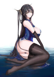 Rule 34 | 17yq, 1girl, absurdres, alternate costume, ass, azur lane, bare shoulders, black garter straps, black gloves, black hair, black thighhighs, blue dress, breasts, china dress, chinese clothes, chinese commentary, cleavage, cleavage cutout, clothing cutout, dress, elbow gloves, from side, garter straps, gloves, green eyes, hair on horn, highres, horns, indomitable (azur lane), lace, lace-trimmed thighhighs, large breasts, long hair, looking at viewer, lying, on side, sagging breasts, simple background, solo, thighhighs, thong, underwear, very long hair