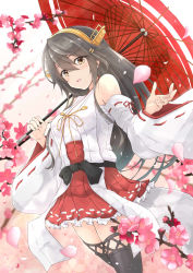 Rule 34 | 1girl, absurdres, bare shoulders, boots, brown eyes, cherry blossoms, detached sleeves, frilled skirt, frills, gensoukitan, grey hair, hair ornament, hairband, hairclip, hakama, hakama short skirt, hakama skirt, haruna (kancolle), highres, holding, holding umbrella, japanese clothes, kantai collection, long hair, nontraditional miko, oil-paper umbrella, outdoors, red skirt, ribbon-trimmed sleeves, ribbon trim, skirt, solo, thigh boots, thighhighs, umbrella, wide sleeves