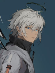 Rule 34 | 1boy, arknights, blue background, blue eyes, closed mouth, detached wings, energy wings, executor (arknights), from side, grey hair, halo, high collar, highres, jinfeng0430, looking at viewer, looking to the side, male focus, short hair, simple background, solo, upper body, wings