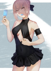 Rule 34 | 1girl, artoria pendragon (alter swimsuit rider) (fate), artoria pendragon (alter swimsuit rider) (first ascension) (fate), artoria pendragon (fate), black bow, black one-piece swimsuit, blonde hair, bow, breasts, cleavage cutout, clothing cutout, dress swimsuit, fate/grand order, fate (series), food, food in mouth, frills, hair bow, hair bun, highres, medium breasts, mori yashiro (konkon oyashiro), mouth hold, navel, one-piece swimsuit, popsicle, short hair, sidelocks, single hair bun, solo, swimsuit, yellow eyes