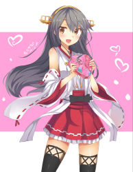Rule 34 | 10s, 1girl, :d, artist name, bare shoulders, black hair, box, brown eyes, candy, chocolate, chocolate heart, commentary, dated, detached sleeves, food, gift, hair ornament, hairclip, haruna (kancolle), heart, heart-shaped box, highres, holding, holding gift, japanese clothes, kantai collection, long hair, long sleeves, nekomicha, nontraditional miko, open mouth, pleated skirt, ribbon, signature, skirt, smile, solo, thighhighs, valentine