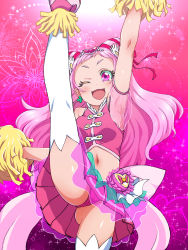 Rule 34 | 10s, 1girl, ;d, arm up, armpits, blush, breasts, cameltoe, cheerleader, cone hair bun, cure yell, double bun, earrings, floral background, flower, forehead, four-leaf clover earrings, gem, gluteal fold, gradient background, hair bun, hair flower, hair ornament, heart, heart hair ornament, highres, holding, hugtto! precure, jewelry, konboi-eg, leg up, looking at viewer, navel, one eye closed, open mouth, panties, pink background, pink eyes, pink footwear, pink hair, pink panties, pink skirt, pleated skirt, pom pom (cheerleading), precure, see-through, shiny skin, short sleeves, skirt, small breasts, smile, solo, split, standing, standing on one leg, standing split, thighhighs, underwear, upskirt, white flower, white thighhighs