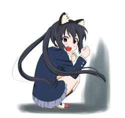 Rule 34 | 1girl, animal ears, bad id, bad pixiv id, black hair, blush, cat ears, fake animal ears, highres, k-on!, looking at viewer, looking back, makeinutei, nakano azusa, school uniform, solo, squatting, surprised, twintails
