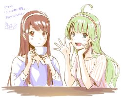 Rule 34 | 2girls, ahoge, aqua eyes, blue shirt, blue sleeves, blunt bangs, blush stickers, brown eyes, brown hair, collar, collarbone, collared shirt, commentary request, cup, drinking, elbow on table, eyelashes, green hair, hairband, hand on own cheek, hand on own face, highres, holding, holding cup, idolmaster, idolmaster million live!, long hair, long sleeves, multiple girls, open mouth, parted lips, shimabara elena, shirt, short sleeves, sidelocks, signature, simple background, smile, straight hair, striped clothes, striped shirt, t-shirt, tanaka kotoha, teacup, teeth, translation request, upper body, vertical-striped clothes, vertical-striped shirt, vertical-striped sleeves, waving, wavy hair, white background, white collar, white hairband, white shirt, white sleeves, witoi (roa), yellow hairband