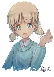 Rule 34 | 1girl, aki (girls und panzer), artist name, blue shirt, commentary, cropped torso, dress shirt, girls und panzer, green eyes, hair tie in mouth, highres, keizoku school uniform, kuroneko douji, light brown hair, long sleeves, looking at viewer, low twintails, mouth hold, open mouth, school uniform, shirt, short hair, short twintails, signature, simple background, sketch, smile, solo, striped clothes, striped shirt, twintails, upper body, vertical-striped clothes, vertical-striped shirt, white background, white shirt, wing collar