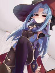 Rule 34 | 1girl, alternate costume, bad id, bad pixiv id, black bow, black pantyhose, blue capelet, blue hair, blurry, blurry background, bow, breasts, capelet, closed mouth, cosplay, curtains, detached sleeves, feet out of frame, from below, fur-trimmed capelet, fur trim, genshin impact, hair bow, half updo, hat, highres, indoors, len (tsukihime), leotard, long hair, long sleeves, looking at viewer, melty blood, mona (genshin impact), mona (genshin impact) (cosplay), omiyacha, pantyhose, parted bangs, pointy ears, red eyes, sidelocks, slit pupils, small breasts, solo, standing, strapless, strapless leotard, tsukihime, twitter username, witch hat