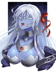 Rule 34 | 1girl, armor, bare shoulders, bikini armor, blue eyes, blue skin, breasts, cleavage, collarbone, colored skin, earrings, fangs, fate/grand order, fate (series), hair ribbon, highres, jewelry, kali (fate), large breasts, lilcat, long hair, looking at viewer, neck ring, necklace, revealing clothes, ribbon, sash, third eye, tongue, tongue out, very long hair, white hair