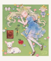 Rule 34 | 1girl, animal ears, apple, artist name, blue dress, blush, book, border, brown footwear, bug, butterfly, closed eyes, closed mouth, clover, clover (flower), commentary request, conago, crown, dress, eyelashes, floral print, flower, food, four-leaf clover, fruit, full body, grey hair, highres, insect, lamb, long hair, lying, mary janes, mini crown, neck ribbon, on side, original, pantyhose, pink flower, print pantyhose, puffy short sleeves, puffy sleeves, purple flower, ribbon, sheep, sheep ears, sheep girl, shoes, short sleeves, sidelocks, signature, sleeping, solo, white border, white butterfly, white flower, white pantyhose, yellow flower, yellow ribbon