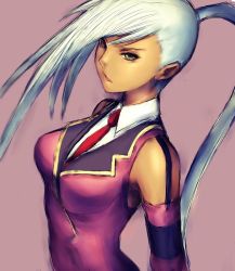 Rule 34 | 00s, 1girl, bow, breasts, closed mouth, code geass, collarbone, dark-skinned female, dark skin, fumio (rsqkr), green eyes, long hair, looking at viewer, medium breasts, necktie, pink bow, ponytail, red necktie, shirt, simple background, solo, upper body, villetta nu, white hair, white shirt