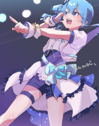 Rule 34 | 1girl, blue eyes, blue hair, blue shorts, hololive, hololive idol uniform, hoshimachi suisei, kyou fumei, looking at viewer, official alternate costume, open mouth, pointing, pointing at viewer, short shorts, shorts, side ponytail, star (symbol), star in eye, symbol in eye, thigh strap, virtual youtuber, white wrist cuffs, wrist cuffs