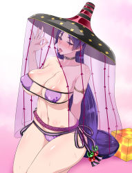 Rule 34 | 1girl, areola slip, bare shoulders, bikini, blush, breasts, cameltoe, cleavage, collarbone, covered erect nipples, eyepatch bikini, fate/grand order, fate (series), fellatio gesture, female pubic hair, hat, highres, large breasts, long hair, looking at viewer, minamoto no raikou (fate), minamoto no raikou (swimsuit lancer) (first ascension) (fate), navel, open mouth, pubic hair, pubic hair peek, purple bikini, purple eyes, purple hair, saliva, saliva trail, sitting, solo, sukumo (kemutai), sweat, swimsuit, tongue, tongue out, very long hair