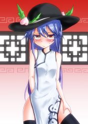 Rule 34 | 1girl, black thighhighs, blue hair, blush, china dress, chinese clothes, dress, female focus, food, fruit, hat, hinanawi tenshi, long hair, looking at viewer, peach, red eyes, solo, sweatdrop, takorice, thighhighs, touhou