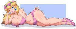 Rule 34 | 1girl, absurdres, bare shoulders, bikini, blonde hair, blue background, blue eyes, border, breasts, cleavage, collarbone, full body, high heels, highres, large breasts, legs, long hair, lying, mario (series), nintendo, on side, one eye closed, outline, parted lips, pink bikini, pink footwear, princess peach, shiny skin, shorts, simmsy, simple background, solo, sweat, swimsuit, thick lips, white border, white outline, wink