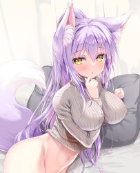 Rule 34 | 1girl, animal ears, arm between breasts, between breasts, blush, breasts, fox ears, fox girl, fox tail, large breasts, long hair, long sleeves, looking at viewer, navel, no pants, on bed, original, pillow, pink hair, solo, sweater, tail, tateha (marvelous grace), yellow eyes