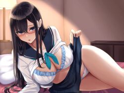 Rule 34 | 1girl, aqua neckerchief, bed, bedroom, black hair, blue sailor collar, blue skirt, bra, breasts, cleavage, clothes lift, collarbone, commentary request, glasses, lamp, large breasts, lifted by self, long hair, long sleeves, looking at viewer, lying, multicolored bra, multicolored clothes, neckerchief, nyanko kaitou, on bed, on side, open mouth, original, panties, parted bangs, pillow, pleated skirt, presenting, purple eyes, sailor collar, school uniform, serafuku, shirt lift, skirt, skirt lift, solo, thighs, underwear, white panties