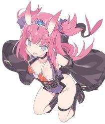 Rule 34 | 1girl, armor, bare shoulders, bikini, bikini armor, bikini top only, black choker, black footwear, black sleeves, blade (galaxist), blue eyes, boots, choker, collarbone, commentary request, detached sleeves, dragon tail, elizabeth bathory (brave) (fate), elizabeth bathory (fate), fang, fate/grand order, fate (series), full body, groin, hair between eyes, hair ribbon, horns, knee boots, leotard, long hair, long sleeves, looking at viewer, official alternate costume, open mouth, oversized clothes, pink hair, pointy ears, purple leotard, purple ribbon, red bikini, ribbon, simple background, solo, swimsuit, tail, tiara, two side up, very long hair, white background, wide sleeves
