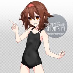 Rule 34 | 1girl, artist name, black one-piece swimsuit, black school swimsuit, blush, brown eyes, brown hair, character name, checkered background, collarbone, commentary request, cowboy shot, eyes visible through hair, flat chest, gradient background, grey background, grin, hair between eyes, hairband, inaba shiki, index finger raised, kantai collection, looking at viewer, multicolored clothes, multicolored swimsuit, new school swimsuit, one-hour drawing challenge, one-piece swimsuit, parted lips, red hairband, school swimsuit, shiratsuyu (kancolle), short hair, simple background, smile, solo, swimsuit