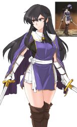 Rule 34 | 1girl, absurdres, ayra (fire emblem), belt, black eyes, black hair, boots, breasts, cosplay, dual wielding, earrings, elbow gloves, fire emblem, fire emblem: genealogy of the holy war, gloves, highres, holding, holding sword, holding weapon, jewelry, long hair, medium breasts, nintendo, side slit, solo, sword, thigh boots, tridisart, unicorn overlord, weapon