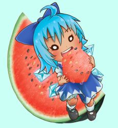 Rule 34 | 1girl, ahoge, bloomers, blue hair, bow, chamaji, chibi, cirno, commentary, dress, eating, food, frills, fruit, hair between eyes, hair bow, highres, ice, ice wings, mary janes, puffy short sleeves, puffy sleeves, round teeth, shoes, short hair, short sleeves, simple background, socks, solo, teeth, touhou, underwear, watermelon, wet, wings