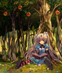 Rule 34 | 1girl, apple, blonde hair, book, flower, food, forest, fruit, hair flower, hair ornament, nature, original, pantyhose, pink pantyhose, quill, senri gan, sitting, solo, striped clothes, striped pantyhose, tree, twintails