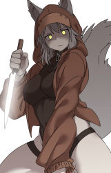Rule 34 | 1girl, animal ears, arknights, black one-piece swimsuit, knife, noiimad, one-piece swimsuit, projekt red (arknights), projekt red (light breeze) (arknights), swimsuit, tail, weapon, wolf ears, wolf girl, wolf tail, yellow eyes
