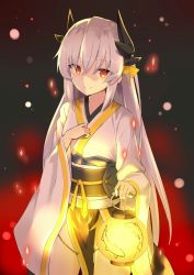 Rule 34 | 100, 100percent park, 1girl, cowboy shot, dragon girl, dragon horns, fate/grand order, fate (series), highres, holding, holding lantern, horns, japanese clothes, kimono, kiyohime (fate), kiyohime (third ascension) (fate), lantern, obi, red eyes, sash, smile, solo, standing, white hair, wide sleeves