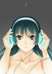 Rule 34 | 00s, 1girl, akiyama mio, black hair, blue eyes, breasts, cable, collarbone, face, female focus, headphones, k-on!, large breasts, lips, long hair, mukunokino isshiki, musical note, smirk, solo, topless, topless frame
