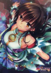 Rule 34 | 1girl, absurdres, blue skirt, brown eyes, brown hair, floating hair, from above, hair between eyes, highres, kotegawa yui, long hair, looking at viewer, midriff, miniskirt, navel, outstretched arms, pleated skirt, skirt, smile, solo, sparkle, standing, stomach, to love-ru, yabuki kentarou