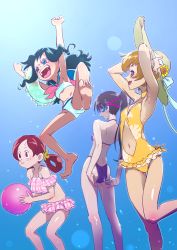 Rule 34 | 4girls, :&gt;, :d, ass, ball, beachball, bikini, black hair, breasts, brown hair, character request, cleavage, clothing cutout, frills, hair rings, hat, innertube, long hair, multiple girls, muramura hito, navel cutout, one-piece swimsuit, open mouth, ponytail, precure, red hair, short hair, smile, straw hat, sun hat, swim ring, swimsuit