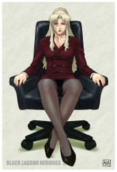 Rule 34 | 00s, 1girl, azasuke, balalaika (black lagoon), belted, belted dress, black lagoon, black panties, black pantyhose, blonde hair, breasts, burn scar, business suit, chair, clasped dress, cleavage, crossed legs, crotch seam, dress, formal, full body, green eyes, high heels, highres, jacket, large breasts, long hair, long sleeves, mole, mole under eye, office chair, panties, panties under pantyhose, pantyhose, pantyshot, pencil skirt, scar, serious, shoes, sitting, skirt, skirt suit, solo, suit, swivel chair, tight clothes, tight dress, underwear, upskirt