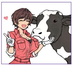 Rule 34 | 1girl, 1other, animal, breast pocket, breasts, brown hair, cleavage, collarbone, cow, gloves, heart, holding, holding animal, huge breasts, idolmaster, idolmaster cinderella girls, jumpsuit, makia very, oikawa shizuku, pocket, red jumpsuit, short hair, sleeves rolled up, smile, v, white gloves, zipper