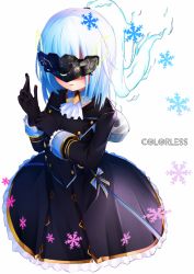 Rule 34 | 1girl, adjusting clothes, adjusting gloves, ascot, bad id, bad pixiv id, black dress, black gloves, blue fire, blue hair, commentary request, dress, english text, fire, frilled sleeves, frills, gloves, hot kakigoori, long sleeves, no legs, original, parted lips, phantasy star, phantasy star online 2, snowflakes, solo, visor, white background