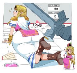 Rule 34 | !, !?, 1girl, ?, arm behind head, ass, blonde hair, blue eyes, blush, boots, dress, female focus, hand fan, hand on own stomach, highres, huge ass, leather, leather boots, lying, master sword, nintendo, noodlemage, one eye closed, paper fan, pink dress, pointy ears, pregnant, princess zelda, question mark, shoulder pads, standing, super smash bros., sweatdrop, sword, the legend of zelda, triforce, video game, weapon, white dress, wink, wrist guards